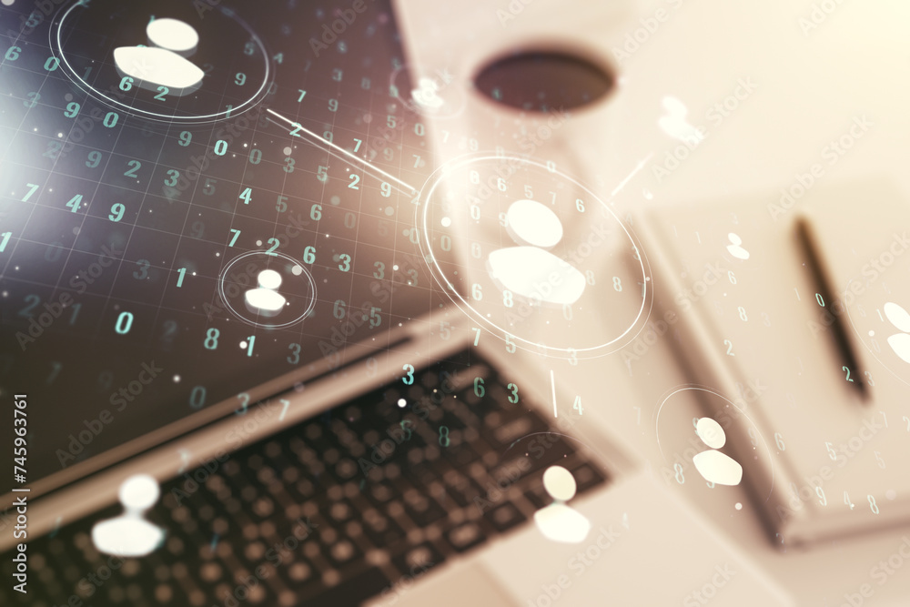 Poster social network media concept with modern computer on background. double exposure