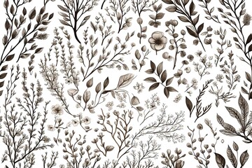 vintage set of hand drawn tree branches with leaves and flowers on white background - obrazy, fototapety, plakaty