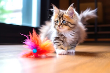 Obraz premium Felidae playing with feather toy, carnivore with whiskers and fur, art in motion