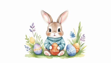 Cute easter bunny with colourful eggs sitting among spring flower. Watercolor illustration with copy space for design, greeting card, template, wallpaper, artwork