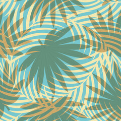 Seamless pattern with hand drawn tropical palm leaves on blue background.
