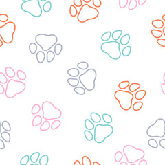 Seamless pattern with colorful outline paws
