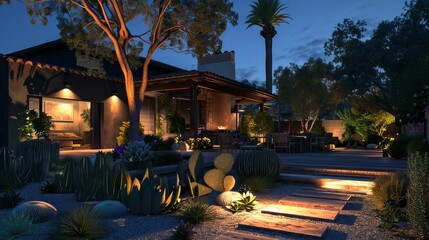 A house at desert landscaping at night time, Outdoor seating. 
