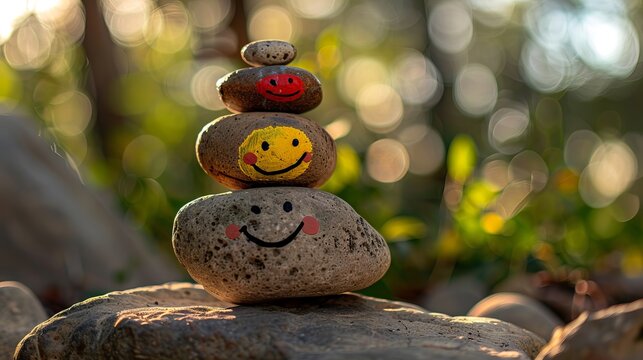 a pile of stones with a joyful face painted on them set against a backdrop of the outdoors