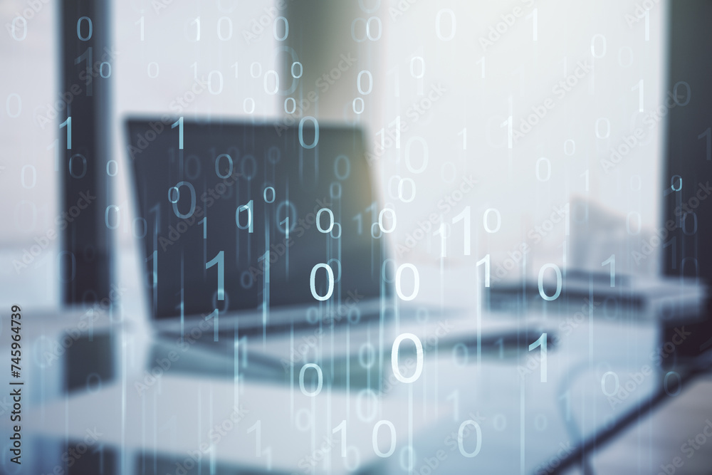Aufkleber Creative concept of binary code illustration on modern laptop background. Big data and coding concept. Multiexposure