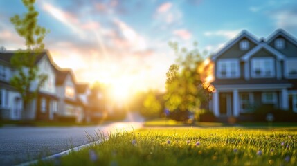residential neighborhood houses blurred background .  real state, buildings, architecture, business