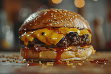 perfect looking smashed burger with dripping cheese and barbeque sauce - obrazy, fototapety, plakaty