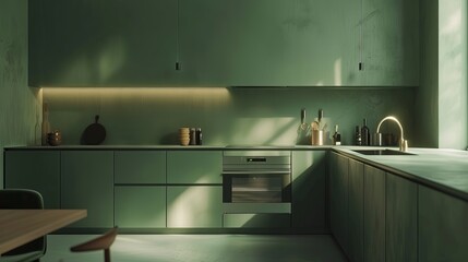 Simplicity of a minimalist green kitchen, where understated elegance and timeless design create a peaceful retreat for culinary creativity and quiet moments of relaxation