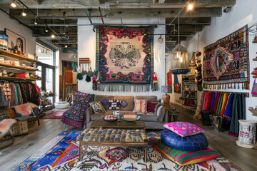 Eclectic bohemian interior with vibrant textiles, eclectic artwork.