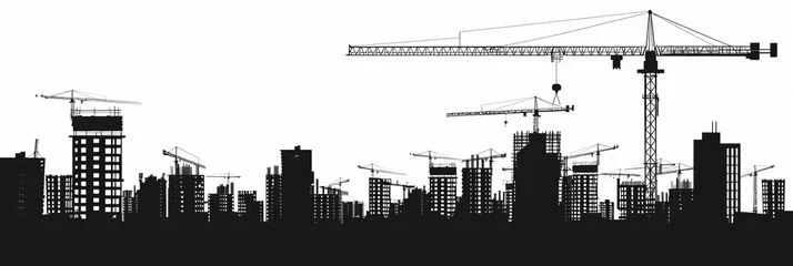 Fotobehang Isolated black silhouette of a building site against a white backdrop. cranes used for construction above structures. City development. Urban skyline. Element for your design. Vector illustration. © Zahid