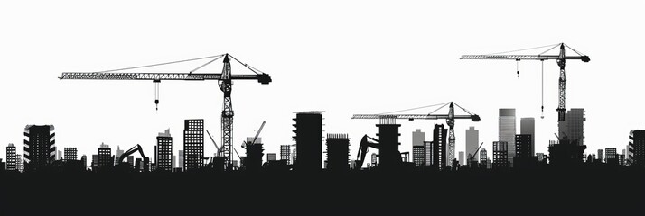 Isolated black silhouette of a building site against a white backdrop. cranes used for construction above structures. City development. Urban skyline. Element for your design. Vector illustration.