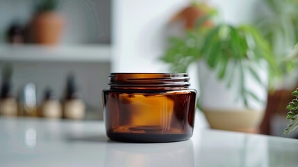 Natural cosmetics in a brown glass jar. Purchasing products devoid of plastic packaging. A sustainable, plastic-free lifestyle with no waste. Front view.  - obrazy, fototapety, plakaty
