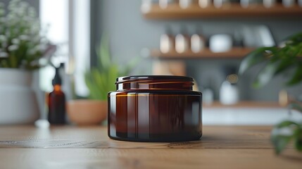 Natural cosmetics in a brown glass jar. Purchasing products devoid of plastic packaging. A sustainable, plastic-free lifestyle with no waste. Front view.  - obrazy, fototapety, plakaty