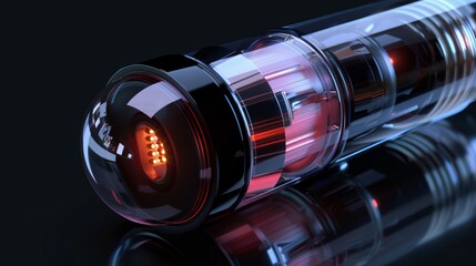 Endoscopy capsule-sized camera isolated on a dark background. The idea of medicine, advanced technology, gastric illness, and illustration of 3D rendering