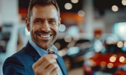 Salesman in Navy Blue Suit at Car Dealership Holding a Car Key, Smiling and Selling New Cars. - obrazy, fototapety, plakaty