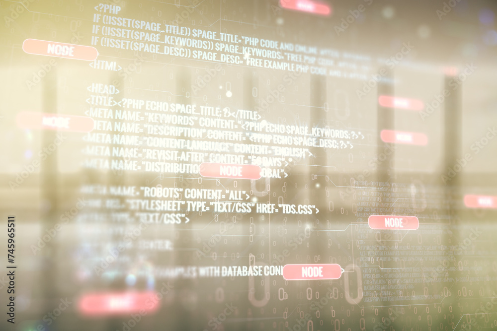 Aufkleber Double exposure of abstract creative programming illustration on empty room interior background, big data and blockchain concept
