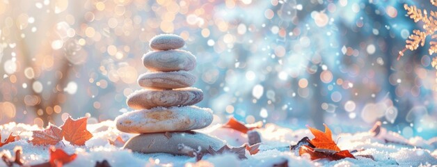 stack of pebbles or stones on winter outdoor background. Winter yoga