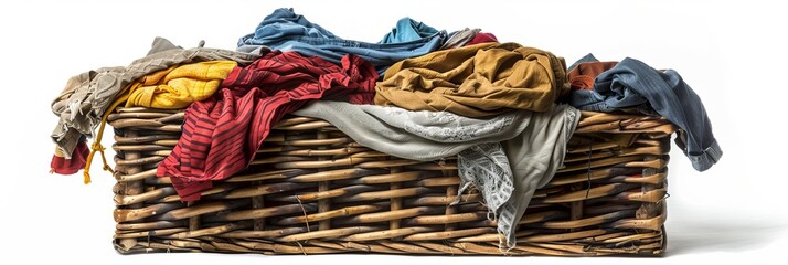 A white background with dirty clothes being transferred from a wicker basket into a washing machine. Day of laundry