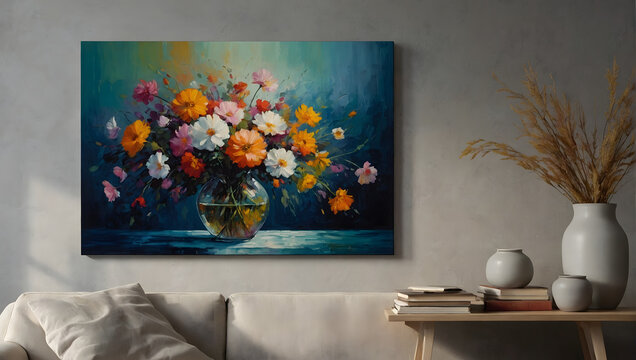 Impressionistic painting with acrylics. Still life of flowers. Artwork displayed in a stylish interior. A contemporary poster design. 