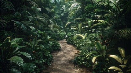 A way to the dark jungle, surrounded by bushes, a lot of plants. Generative AI.
