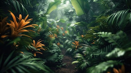 A way to the dark jungle, surrounded by bushes, a lot of plants. Generative AI.