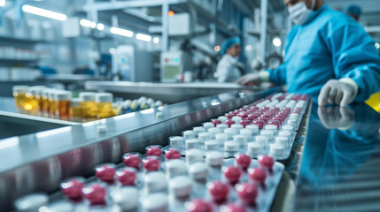 Obraz premium Close-up of a focused man standing at the assembly line in a pharmaceutical factory, meticulously overseeing the production of medical drugs with precision and expertise.