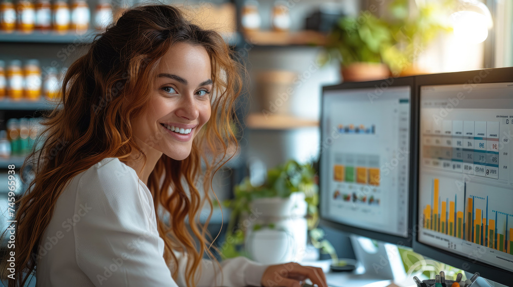 Poster Smiling woman looking at her computer with dietary supplements on her desk and a computer screen displaying rising sales graph. Generative AI.