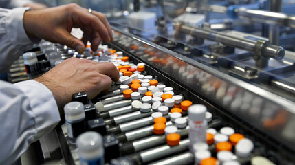 Obraz premium In the heart of the manufacturing process, a close-up view captures a man's skilled hands as he operates machinery at the assembly line, contributing to the production of life-savi