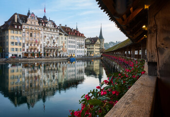 The Kapellbrücke (Chapel Bridge) on an early morning in the city of Lucerne, Switzerland.