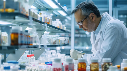 With a commitment to quality, a man stands at the assembly line in a pharmaceutical laboratory, ensuring the integrity and efficacy of medical drug production to meet the evolving