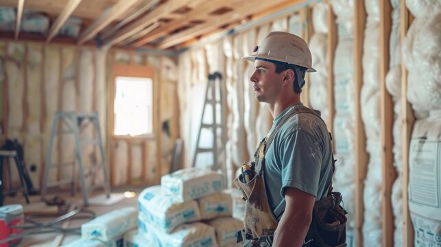 Construction worker installation ceiling into wall of new house
