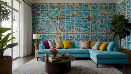 Interior design with a sky-blue sectional sofa on a vibrant patterned wall.