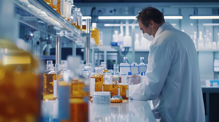 Fototapeta premium With a commitment to excellence, a man stands at the assembly line in a pharmaceutical laboratory, overseeing the production of medical drugs with meticulous attention to detail an