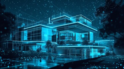 A smart home designed in the blueprint style with modular design, dimensional multilayering, cyan color scheme, light black and blue hues, and line and dot work - obrazy, fototapety, plakaty