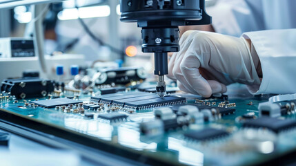 Close-up of workers at the assembly line in a high-tech facility, meticulously crafting microchips with precision tools and advanced machinery, showcasing the intricate process of