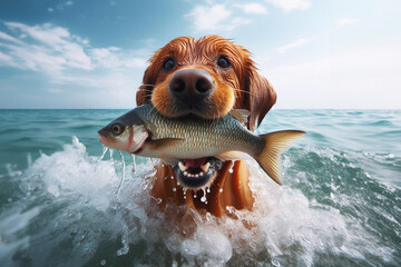 A dog catching fish on the beach
