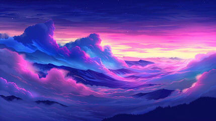 Stunning Landscape Illustration of a Vibrant purple Sunset Over Mountains.