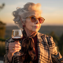 senior woman outdoors with wine