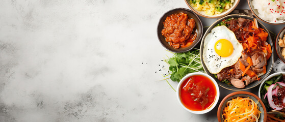 Various Korean cuisine dishes in bowls on the table, top view - obrazy, fototapety, plakaty