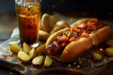 hot dog with potatoes and drink