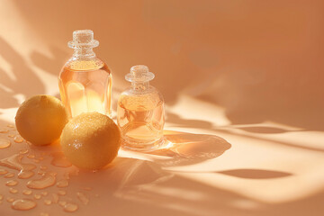 still life with peach colored glass cosmetic bottles