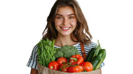 Woman Holding a Paper Shopping Bag with Vegetables on Transparent Background