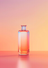 Elegant coral-hued cosmetic spray bottle on a soft pink background.