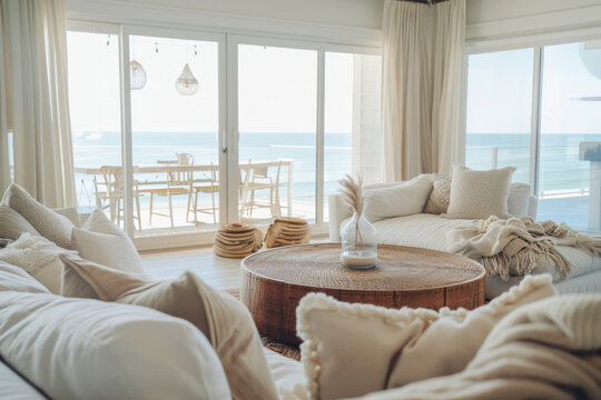 Coastal beach house interior with breezy textiles, nautical accents.