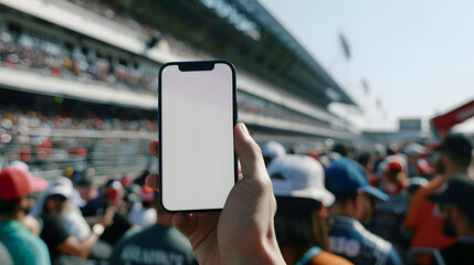 Man fan hands holding isolated smartphone device in car race racing speed with blank empty white screen, sports betting concept - obrazy, fototapety, plakaty