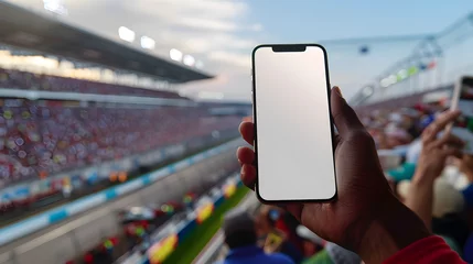 Foto op Canvas Man fan hands holding isolated smartphone device in car race racing speed with blank empty white screen, sports betting concept © BeautyStock