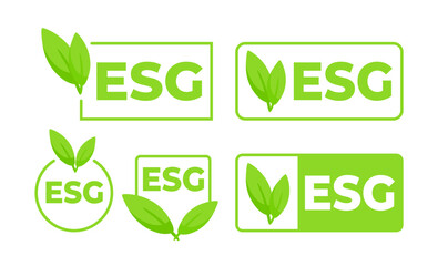 Set of green ESG Environmental, Social, Governance labels with leaf designs for sustainability reporting and eco-friendly branding.