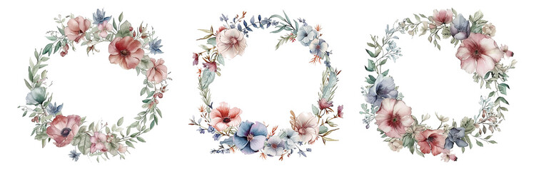 watercolor frame flowers, a set of illustrations in handmade watercolor style on a white background, generative ai	
