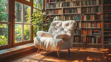 A sunlit reading nook with a plush ivory armchair nestled beside a tall bookshelf filled with colorful volumes. - obrazy, fototapety, plakaty