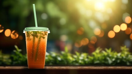 Freshly squeezed carrot juice on blurred green bokeh background with ample space for text